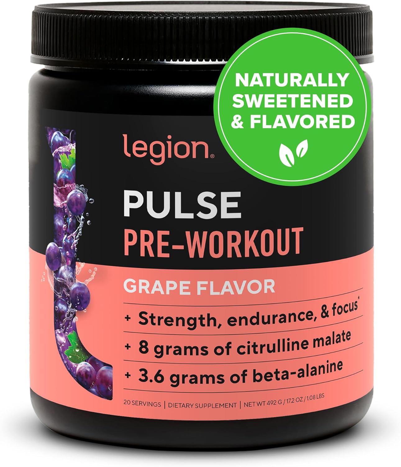 LEGION Pulse Pre Workout - All Natural Nitric Oxide Preworkout Drink to Boost Energy, Creatine Free, Naturally Sweetened, Beta Alanine, Citrulline, Alpha GPC (Grape)