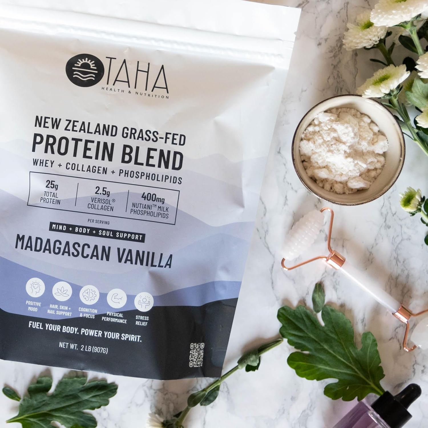 Taha Health & Nutrition Mind + Body Protein Blend – Madagascan Vanilla | 25g Protein from Whey & Collagen + 400mg Milk Phospholipids | Grass-Fed, Free-Range New Zealand Dairy | 2LB