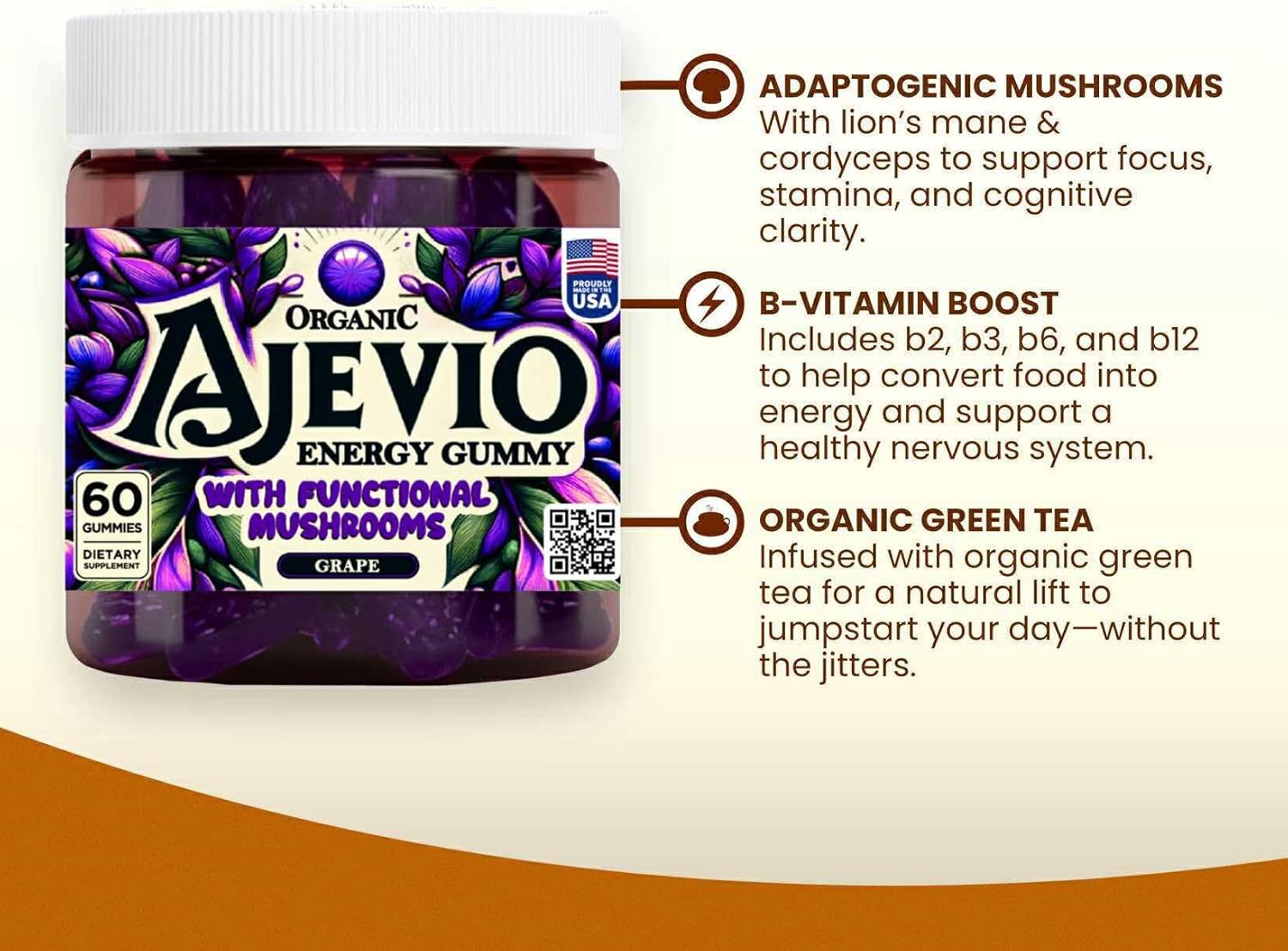 Mushroom Focus & Energy Gummies – Organic Lion’s Mane and Cordyceps, Plant-Based Caffeine, L-Theanine & B Vitamins, Nootropic for Stamina, Attention & Cognitive Support Grape – 60 Ct (30 Day Supply)