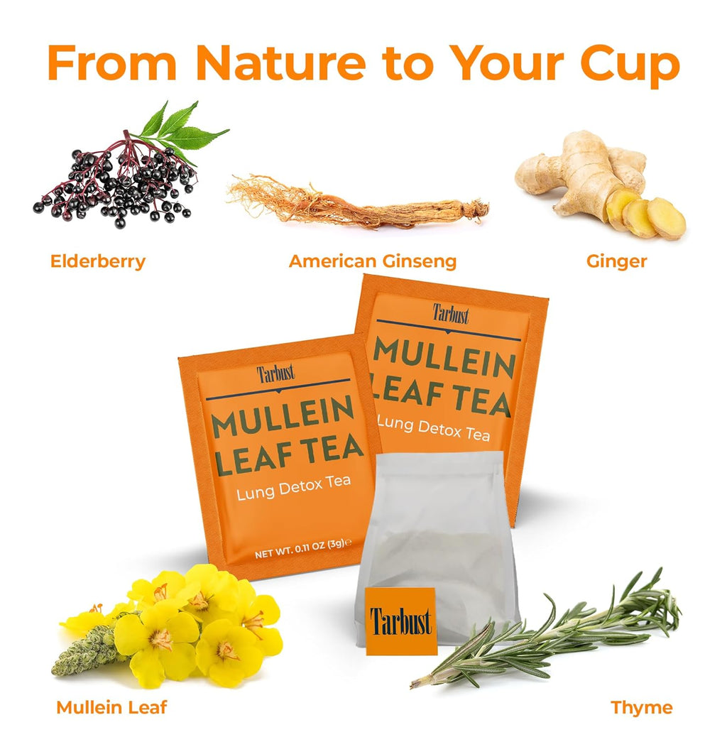 Tarbust Mullein Tea for Lungs Detox,20 Tea Bags, Organic Mullein Leaf Extract for Lungs Cleanse, Herbal Tea Bags for Smokers, Caffeine-Free Lung Detox for Smokers, Better Lungs Respiratory Support