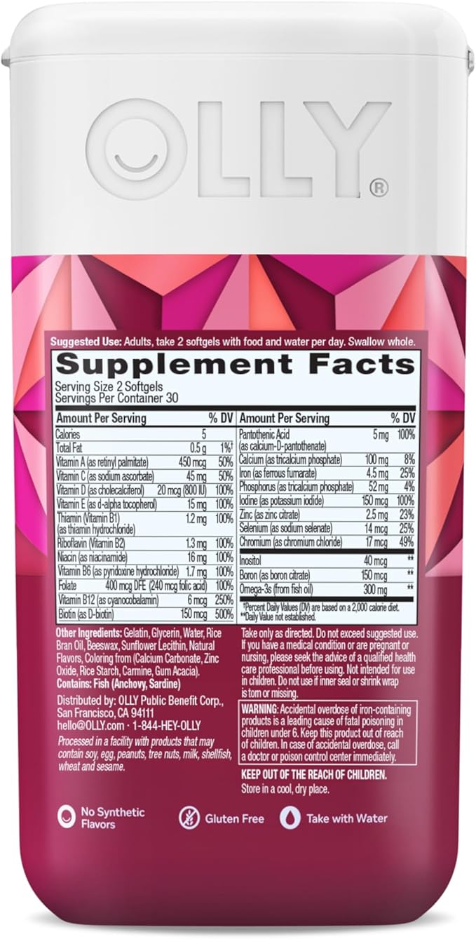 OLLY Ultra Women's Multi Softgels, Overall Health and Immune Support, Omega-3s, Iron, Vitamins A, D, C, E, B12, Daily Multivitamin, 30 Day Supply - 60 Count (Pack of 2)
