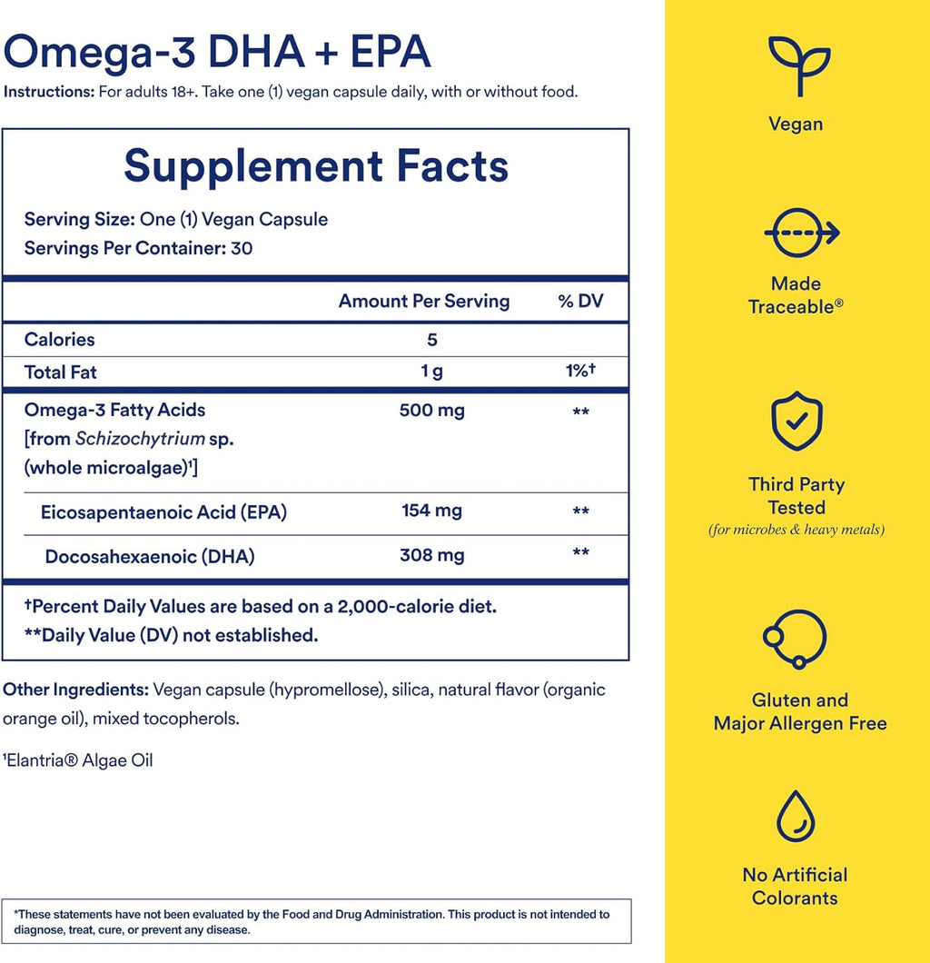 Ritual Omega 3 - Vegan - Science-Backed Dose of DHA & EPA Fatty Acids in 2:1 Ratio, Bioavailable, Brain and Heart Health Support, Minimal Burp-Back, Sustainably Sourced Microalgae, 30 Day Supply