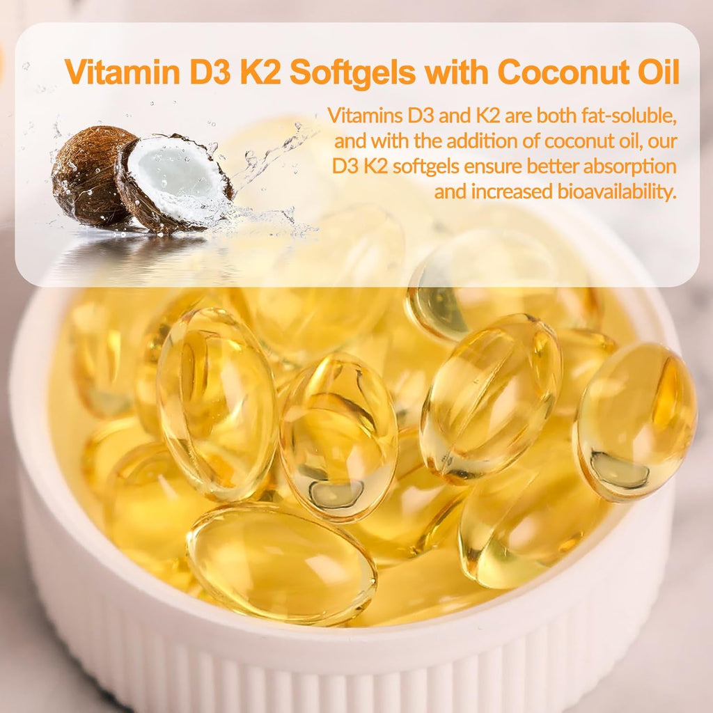 D3 K2 Vitamin 10000 IU + MK-7 200mcg Softgels, K2 D3 Vitamin Supplement with Coconut Oil for Bone, Teeth Health, Support Muscle & Heart Health, 90 Count