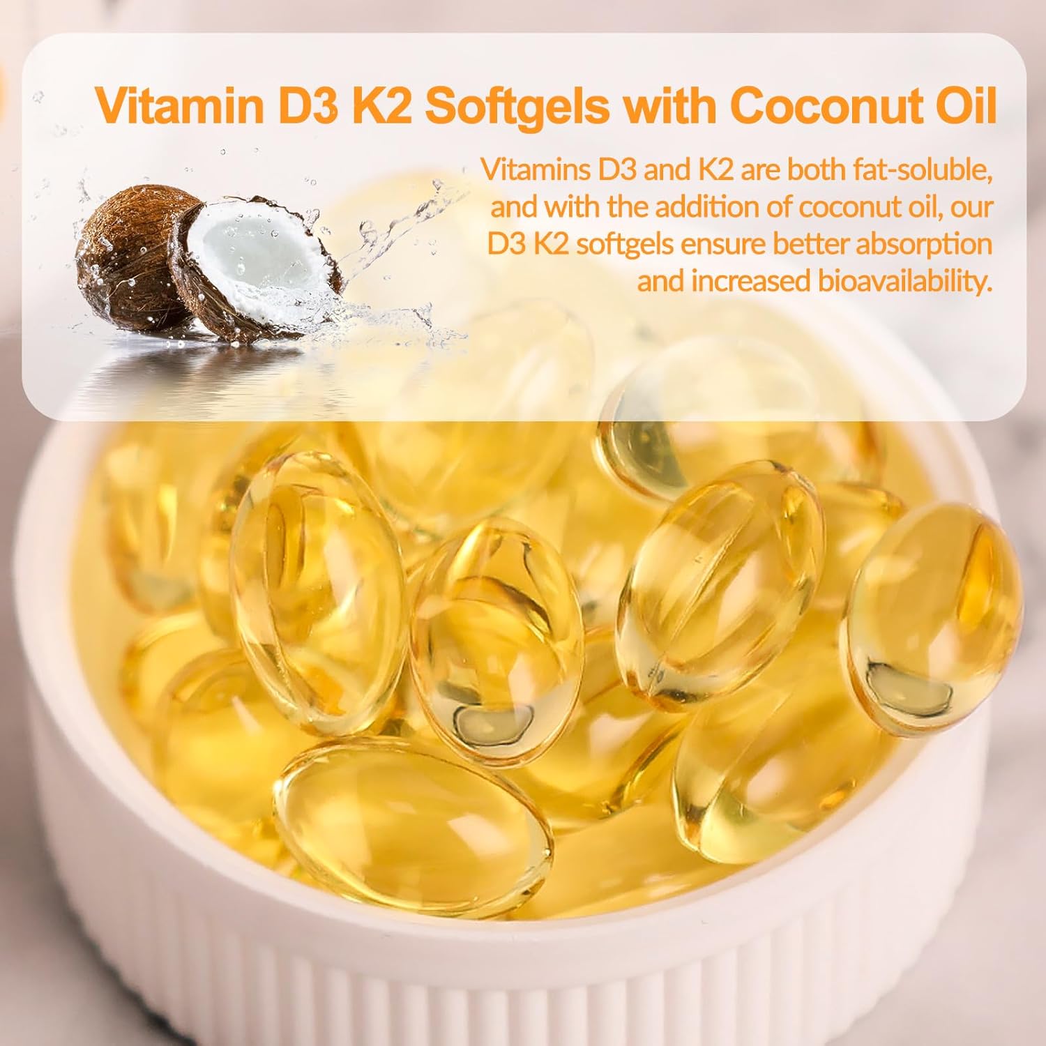 D3 K2 Vitamin 10000 IU + MK-7 200mcg Softgels, K2 D3 Vitamin Supplement with Coconut Oil for Bone, Teeth Health, Support Muscle & Heart Health, 90 Count