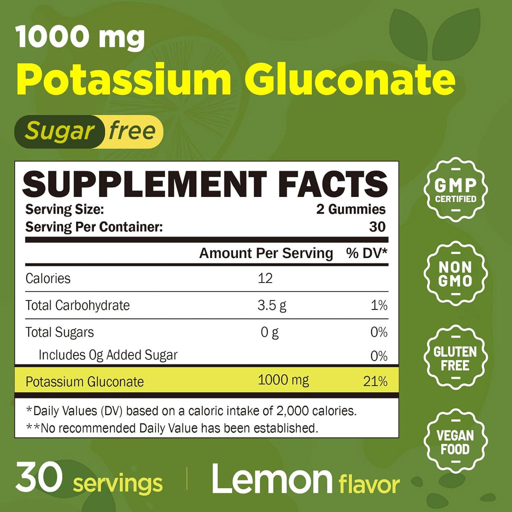 Potassium Gluconate 1000 mg Gummies, Electrolyte Gummies Sugar Free for Women & Men Adults, Support Muscle Cramps & Heart Health, Chewable Potassium Supplement, Vegan Source, 60 Count