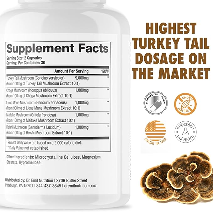DR. EMIL NUTRITION Turkey Tail Mushroom Capsules - Turkey Tail Mushroom Supplement for Immunity & Gut Health - Elite Formula with Lion's Mane, Chaga, Reishi & Maitake