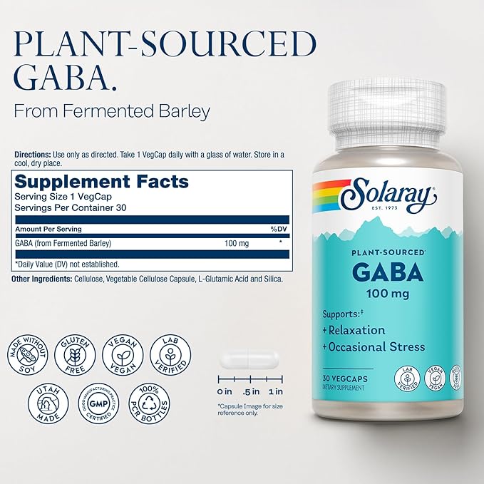 SOLARAY Plant-Sourced GABA 100 mg - Relaxation, Occasional Stress and Mood Support Supplement from Fermented Barley - Vegan, Gluten Free - 60-Day Guarantee - 30 Servings, 30 VegCaps