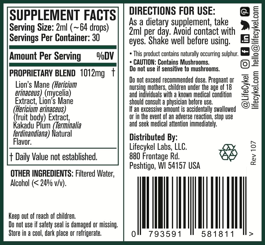 Lifecykel Lion's Mane Mushroom Extract w/Kakadu Plum- Memory Focus Clarity REM Sleep-100% Organic Mushrooms Brain Booster Nootropic Brain Supplement Focus Supplement Made in US, 2 Fl oz (30 Servings)