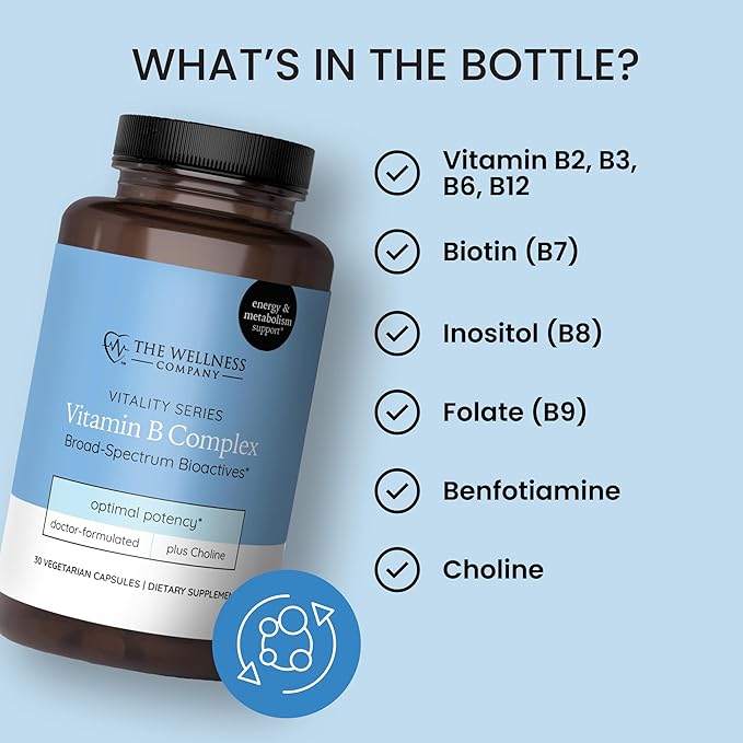 The Wellness Company Vitamin B Complex – Muscle Recovery, Focus & Resilience, Broad-Spectrium Methylated B Vitamins | 30ct (1 Month Supply)