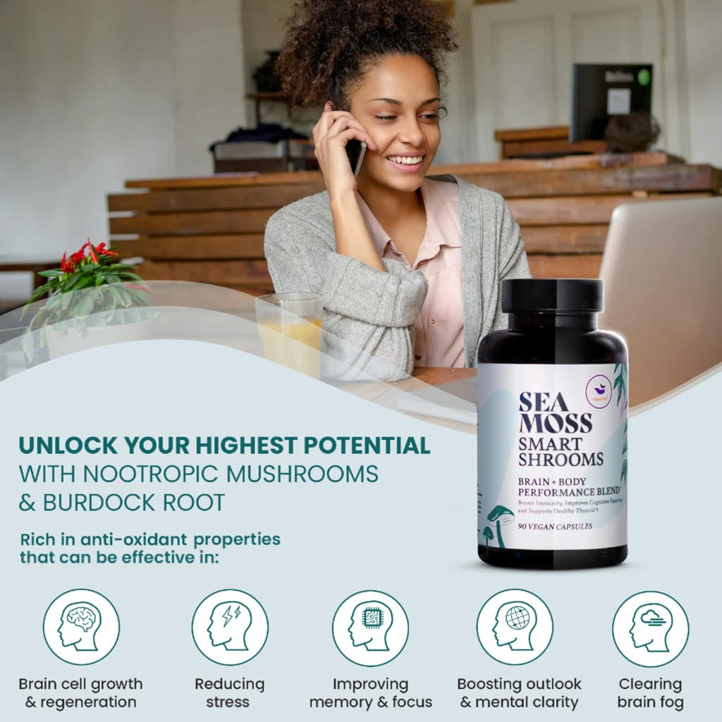HAPPY FOX Irish Sea Moss Capsules & Mushroom Complex - Organic Seamoss with Adaptogens for Brain Health, 1500mg, 90 Vegan Capsules, Organic Mushroom Supplement