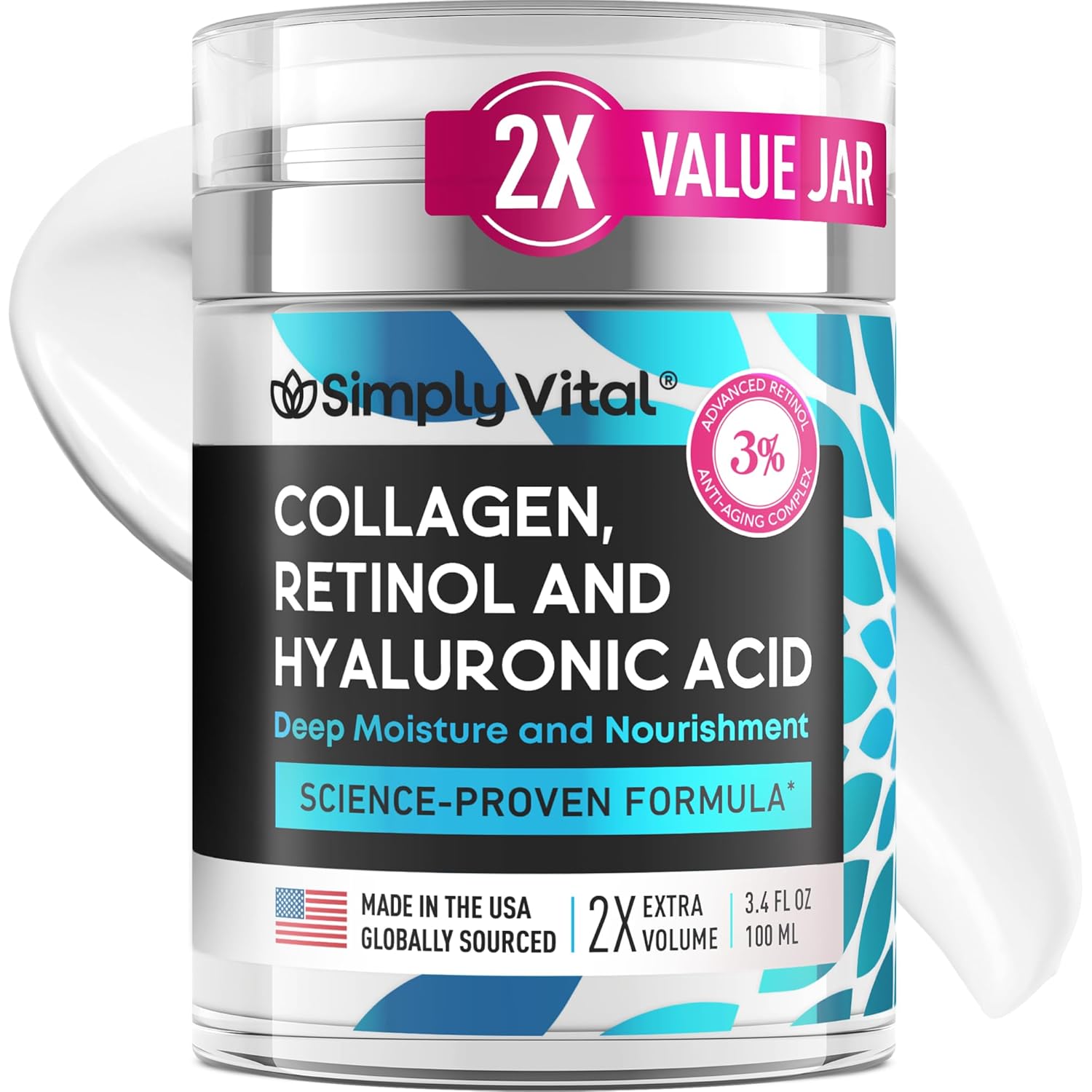 SimplyVital Collagen, Retinol & Hyaluronic Acid Cream - Anti-Aging Retinol Cream for Face, Neck & Décolleté - Made in USA - Daily Moisturizer Face Cream - 3.38 fl oz