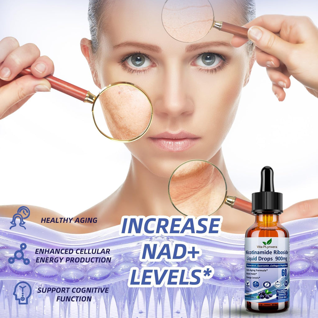 NAD Supplements for Women & Men, NAD Nicotinamide Riboside Resveratrol 900mg & Quercetin, Niacin, Collagen, Biotin, Liquid NAD Plus Supplement NR900 For Anti-Aging Skin Energy Longevity Focus Brain