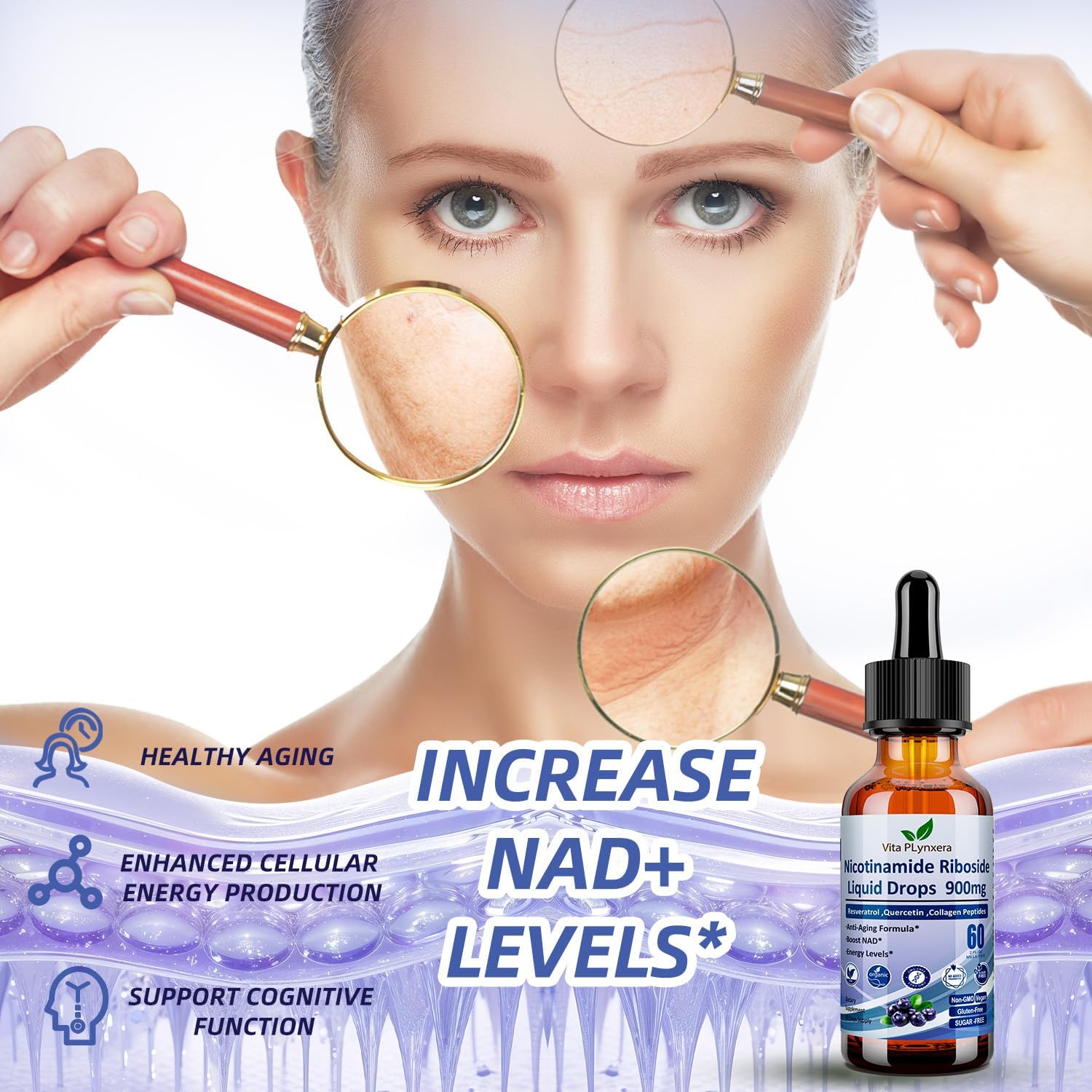 NAD Supplements for Women & Men, NAD Nicotinamide Riboside Resveratrol 900mg & Quercetin, Niacin, Collagen, Biotin, Liquid NAD Plus Supplement NR900 For Anti-Aging Skin Energy Longevity Focus Brain