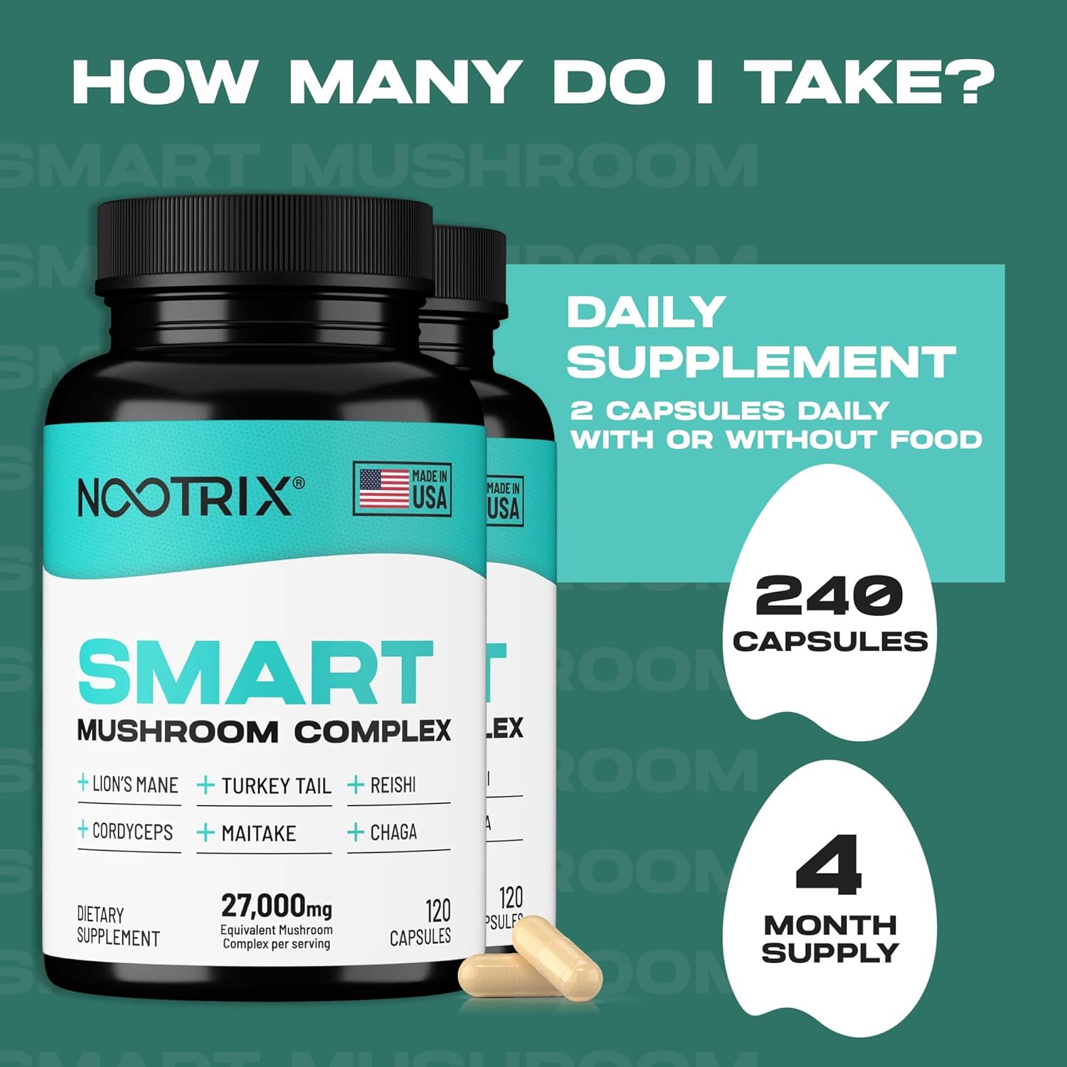 Smart Mushrooms Complex Supplement | Supports Memory, Mental Focus, Cognitive Health & Energy | 27,000mg Organic Mushrooms | Lions Mane, Reishi, Cordyceps, Chaga & Turkey Tail | 240 Capsules