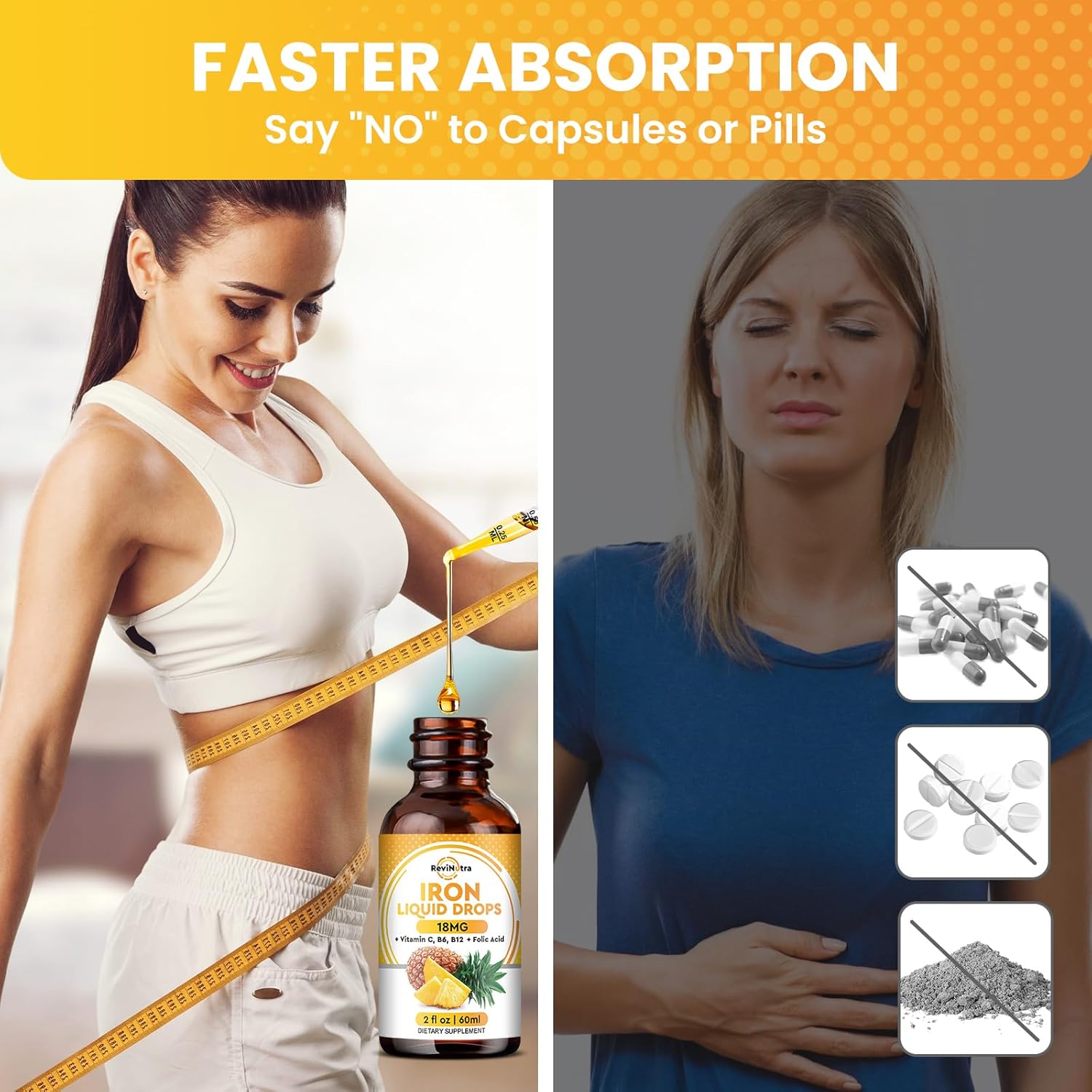 Liquid Iron Supplement for Women, Men & Kids, Liquid Iron Drops with Folate, Vitamin C, B6, B12 for Anemia, Red Blood Cell, Energy Support, Pineapple Flavor, 2 Fl Oz