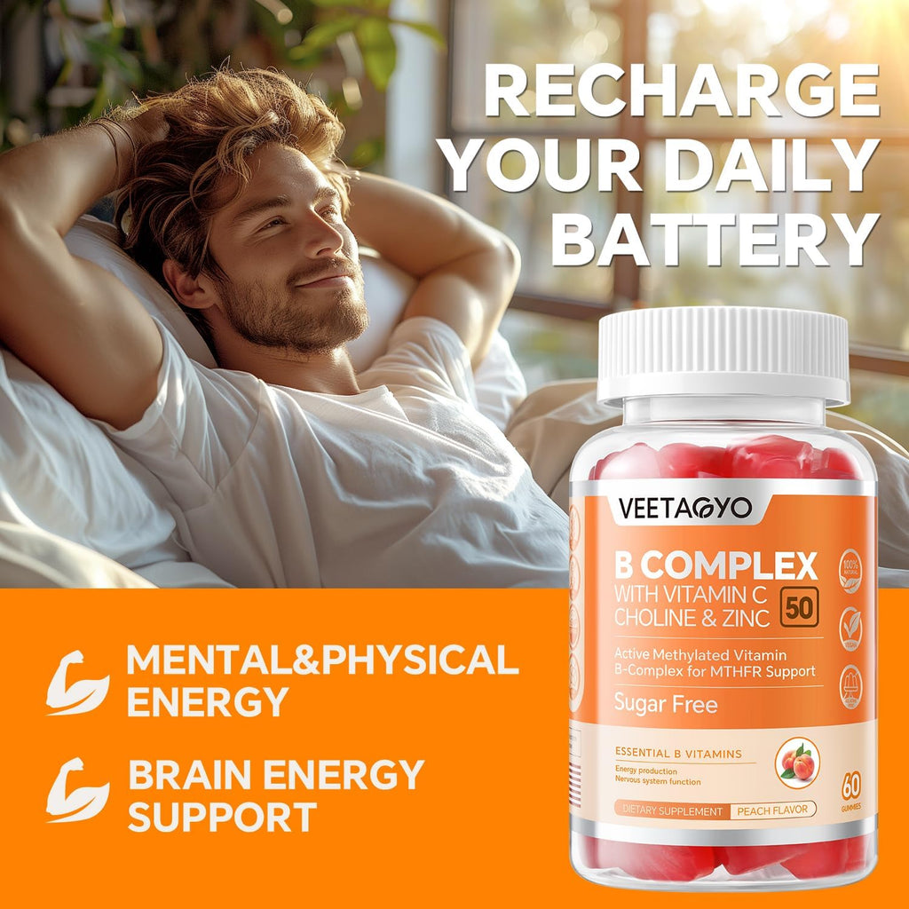 B Complex 50 Gummies ,Methylated B Complex with Vitamin C,Choline & Zinc - Active Methylated B-Complex for Energy,Methylated Support - All B Vitamins - B1,B2,B3,B5,B6,B7,B9,B12 - Sugar Free,120 Count