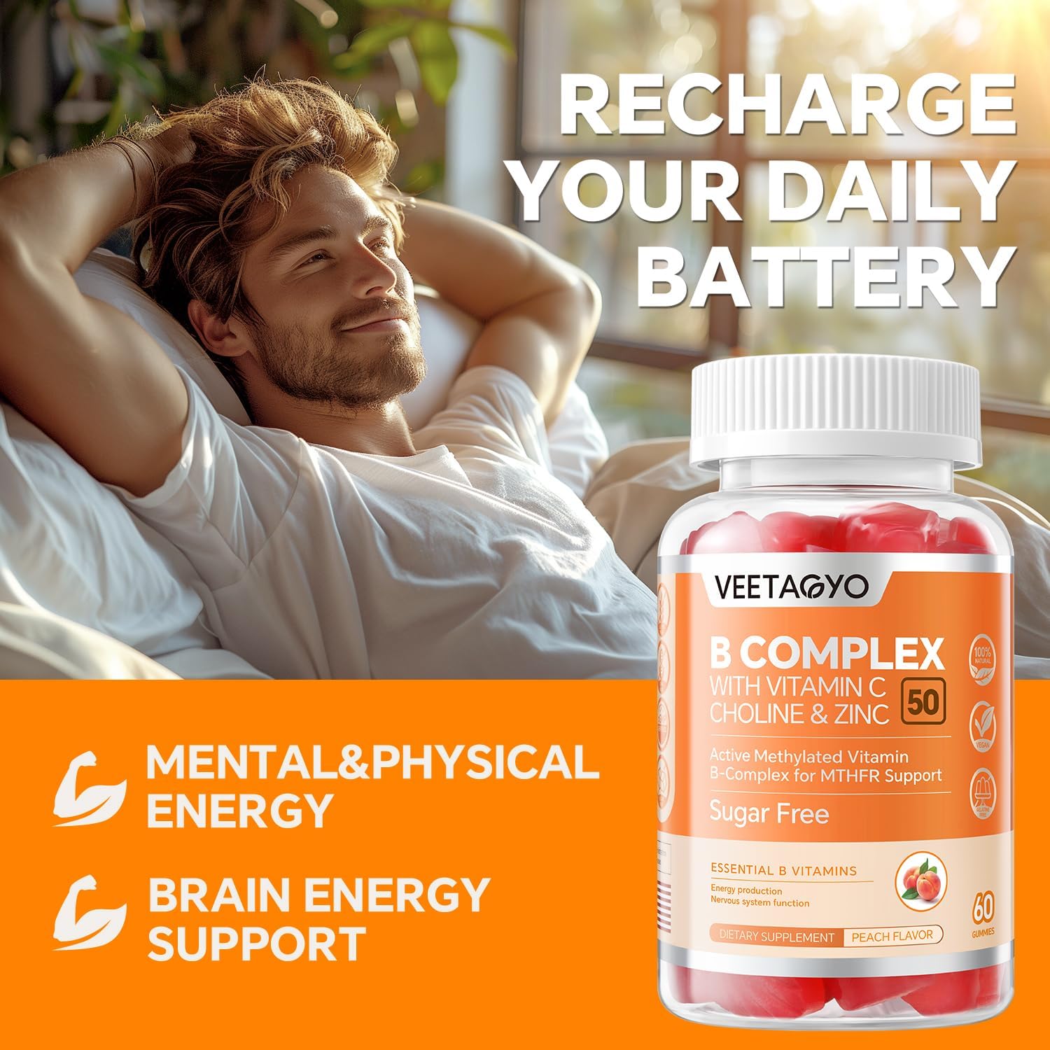 B Complex 50 Gummies ,Methylated B Complex with Vitamin C,Choline & Zinc - Active Methylated B-Complex for Energy,Methylated Support - All B Vitamins - B1,B2,B3,B5,B6,B7,B9,B12 - Sugar Free,120 Count
