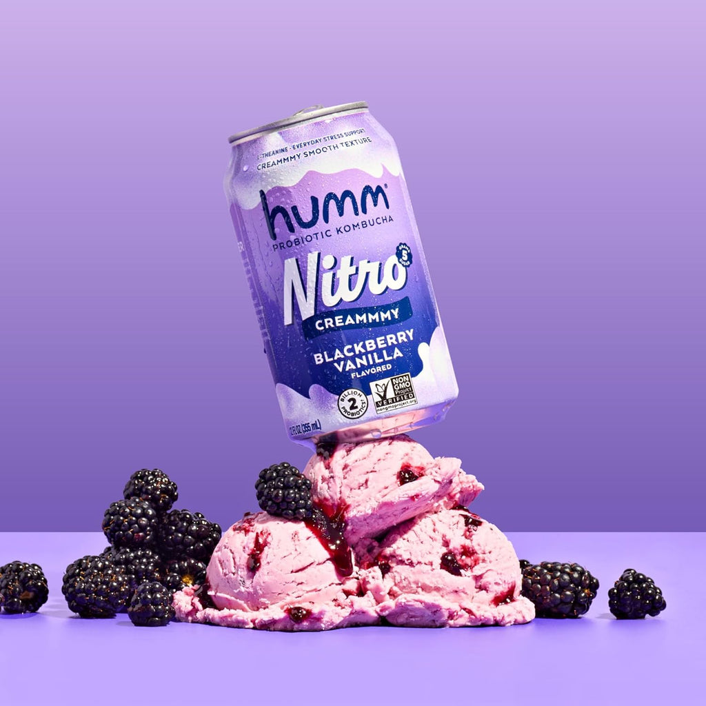 Humm Nitro Kombucha Blackberry Vanilla, Creamy Smooth Probiotic Drink with L-Theanine, Non-GMO, Vegan, Gluten Free, 12 fl oz (Pack of 12)