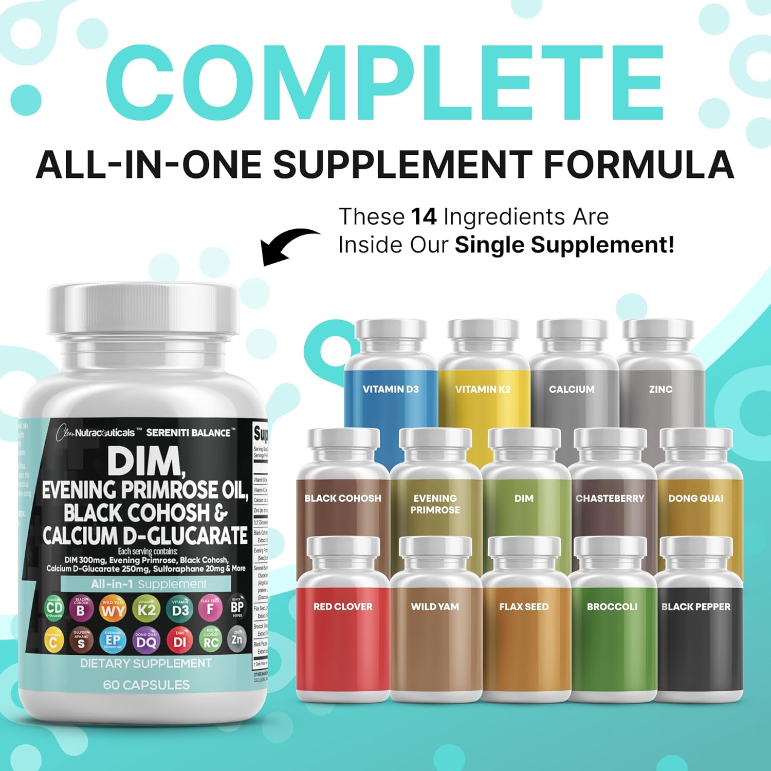 Clean Nutraceuticals DIM Evening Primrose Black Cohosh Calcium D-Glucarate Sulforaphane Flax Seed Extract - Hormonal Support Vitamins for Women with Dong Quai - 60 Caps