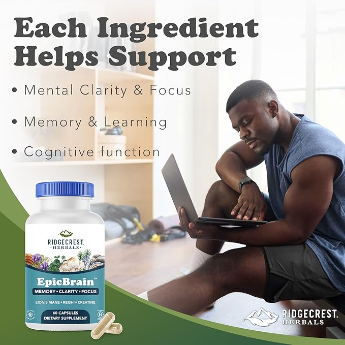 RidgeCrest Herbals EpicBrain, Natural Brain Support Supplement with Creatine Monohydrate, Lion's Mane, Reishi, Supports Mental Clarity, Memory, Focus, Stimulant-Free Nootropic (60 Count, 30 Servings)