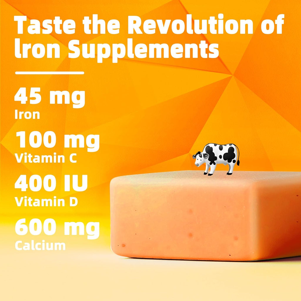 Iron Soft Chew Supplement with Vitamin C | Orange Flavored | Gluten Free | Iron Supplement for Women Men and Kids | 60 Count | 2 Month Supply