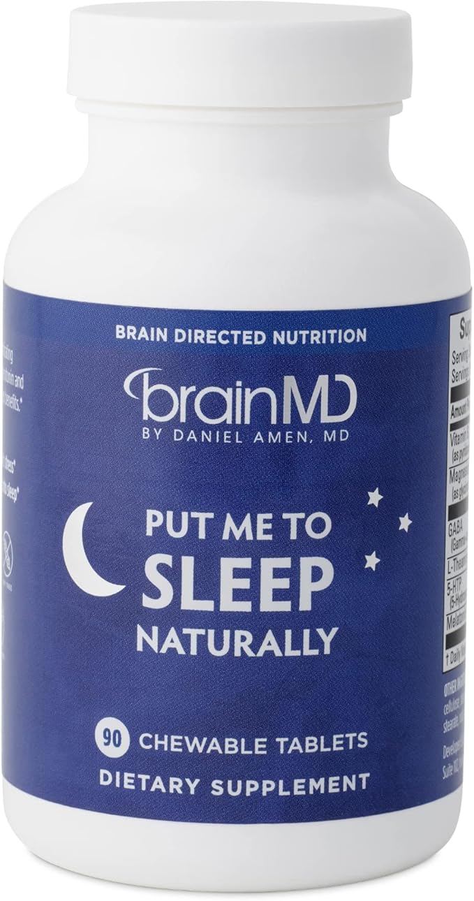 BRAINMD Dr Amen Put Me To Sleep Naturally - 90 Chewable Tablets - with Melatonin, L-Theanine, Magnesium, GABA, Vitamin B6 & 5-HTP - Gluten Free - 45 Servings