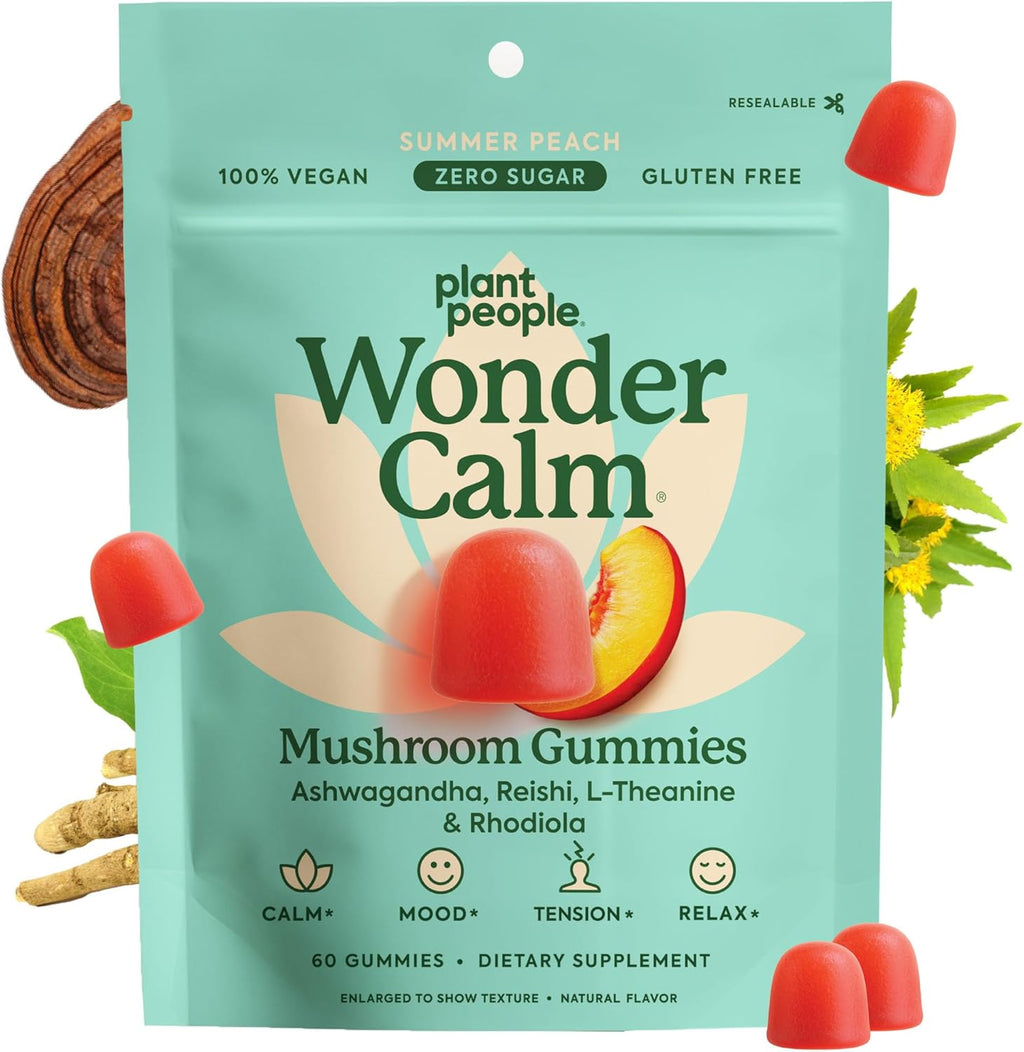 Plant People WonderCalm Mushroom Gummies - Natural Ashwagandha Supplement to Ease Stress & Boost Mood for Adults Without Sugar, Gluten or Artificial Colors, Vegan-Friendly, Peach Flavor, 60 Count
