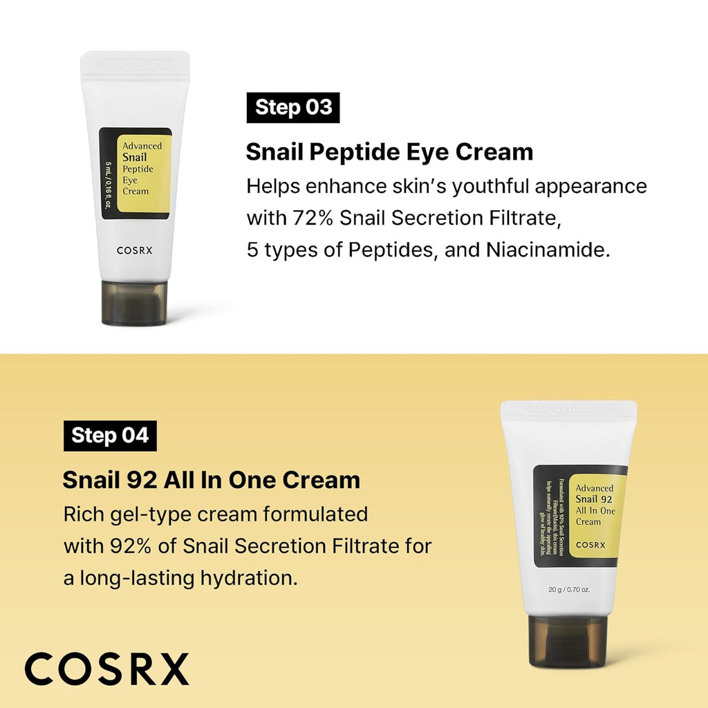 COSRX All About Snail Mucin Korean Skin Care Set, Mini Travel Essentials, Travel Size Gift Set with Snail Mucin Face Wash, Serum, Moisturizer & Eye Cream, Rejuvenating Kit, Stocking Stuffers