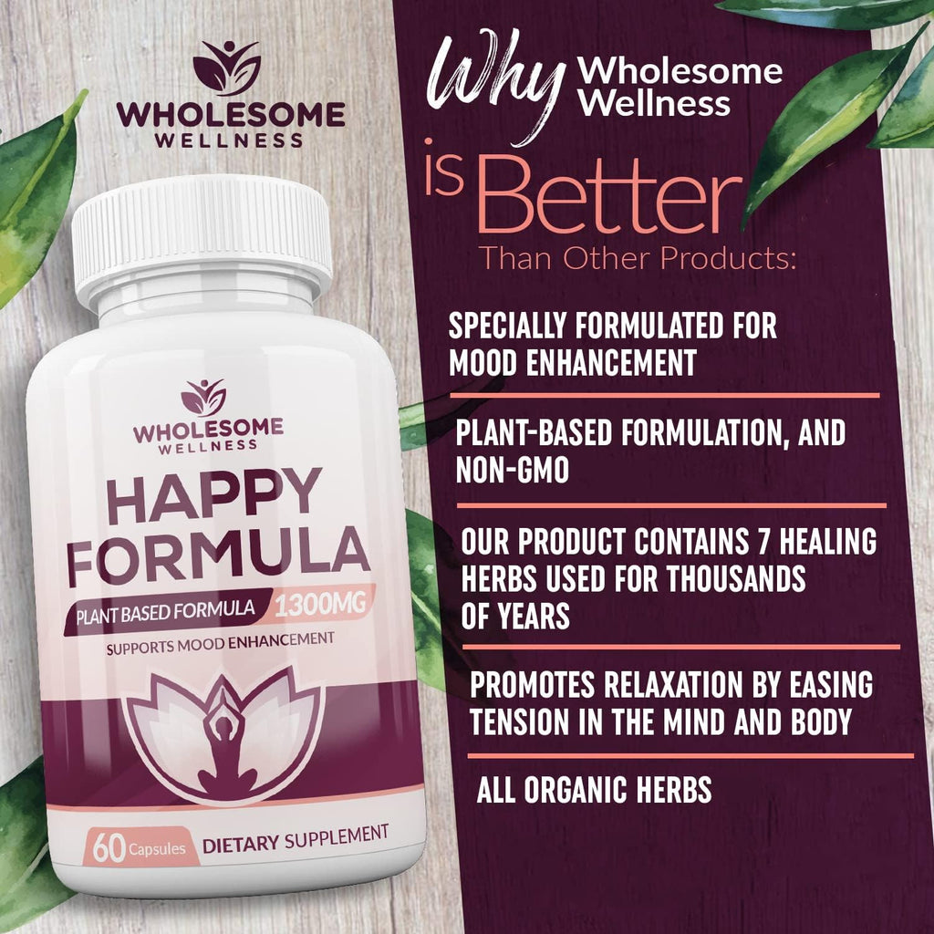 Wholesome Wellness Happy Formula Natural Formula Relief Supplement for Women & Men | 60 Capsules