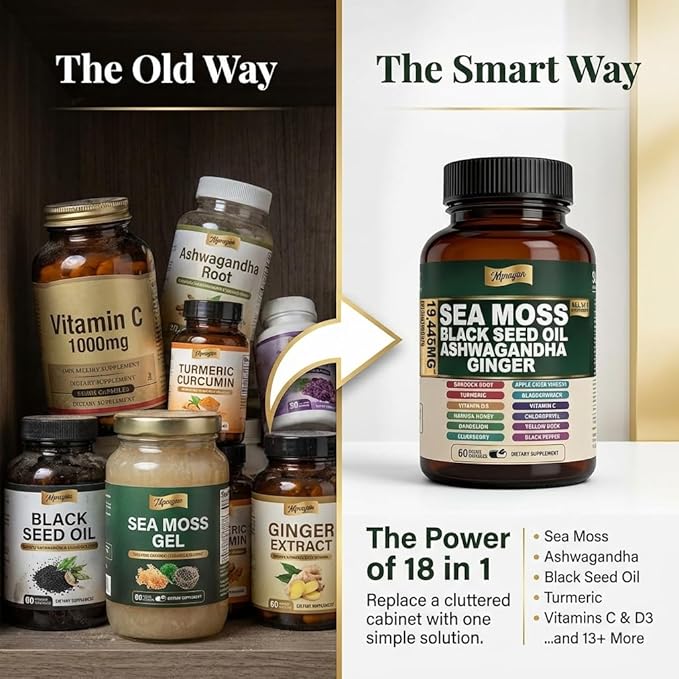 Sea Moss Capsules with Black Seed Oil, Ashwagandha & Ginger – Extra Strength 10:1 Herbal Blend with Turmeric, Burdock Root, Bladderwrack + Vitamin C & D3 – 60 Capsules (30 Servings)