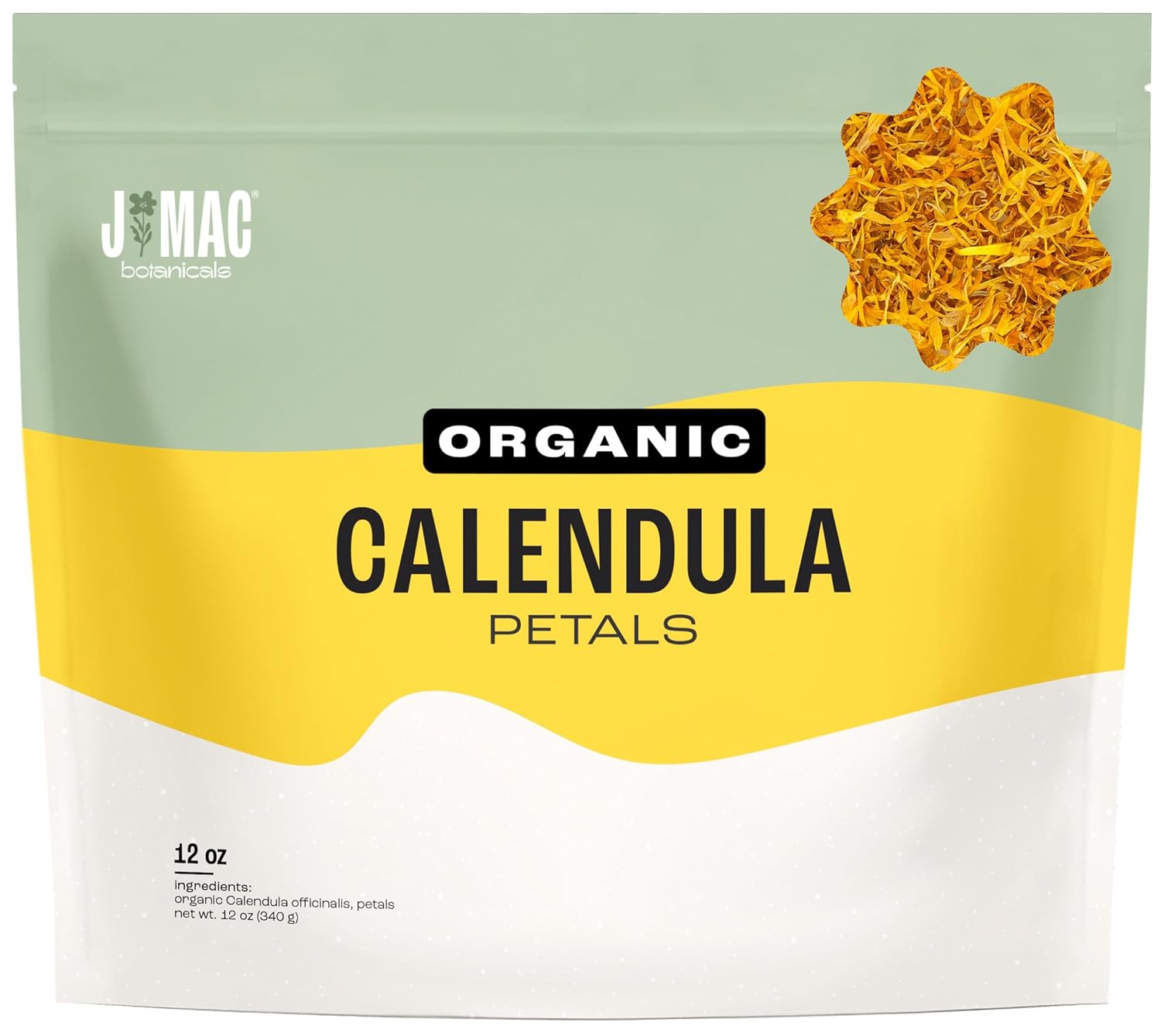 J Mac Botanicals, Organic Calendula Petals (12 oz) edible dried flowers petals, pairs well with edible dried rose petal, edible flowers for ice cubes, edible flowers for food, beverages, bath bombs