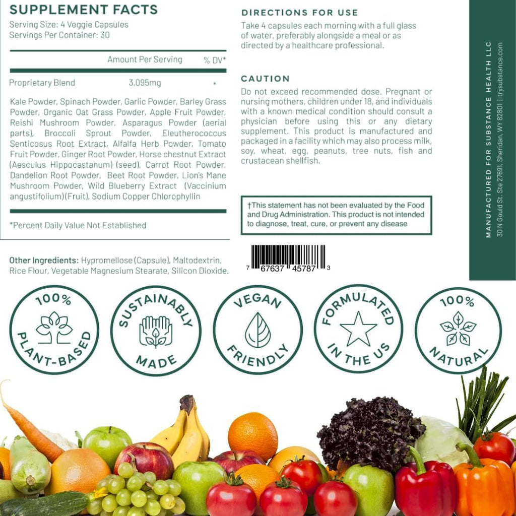 SUBSTANCE. - Nature's Sustenance Daily Greens, Daily Fruit and Veggies Supplement - Enhance Energy, Mental Clarity - Fruits and Vegetables Supplements - US Made, Vegan-Friendly - 30 Servings.