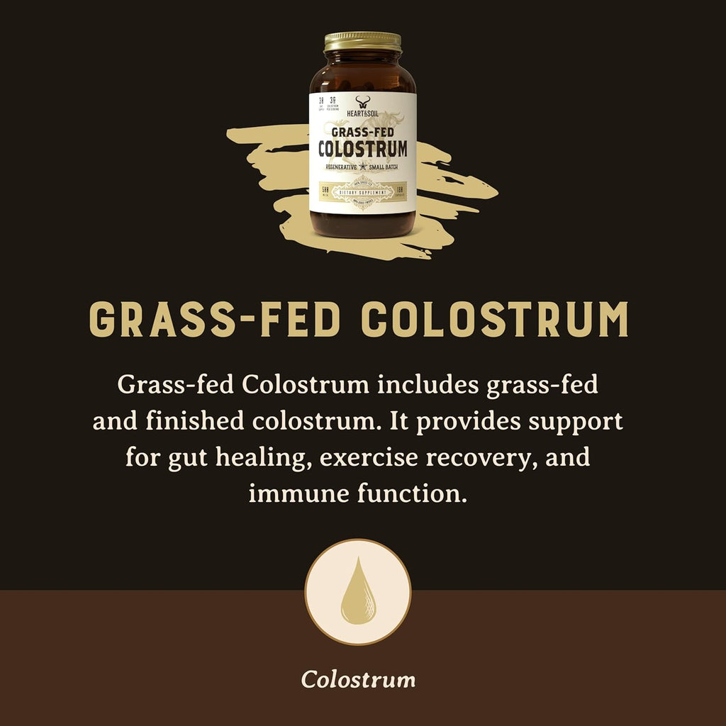 HEART & SOIL Bovine Colostrum – 3000mg Grass Fed Colostrum Supplement for Gut, Immune Support & Muscle Recovery – Non-GMO, Allergen-Free – 180 Capsules