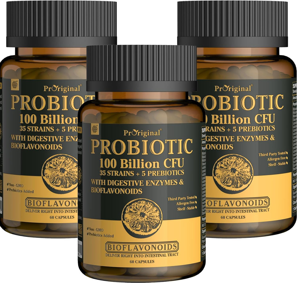 Organic Probiotics for Women & Men, 100 Billion CFU Probiotic for Digestive, Gut & Immune Health - with Prebiotics, Bioflavonoids & Digestive Enzyme, 35 Strains Raw Probiotic Supplement, 180 Caps