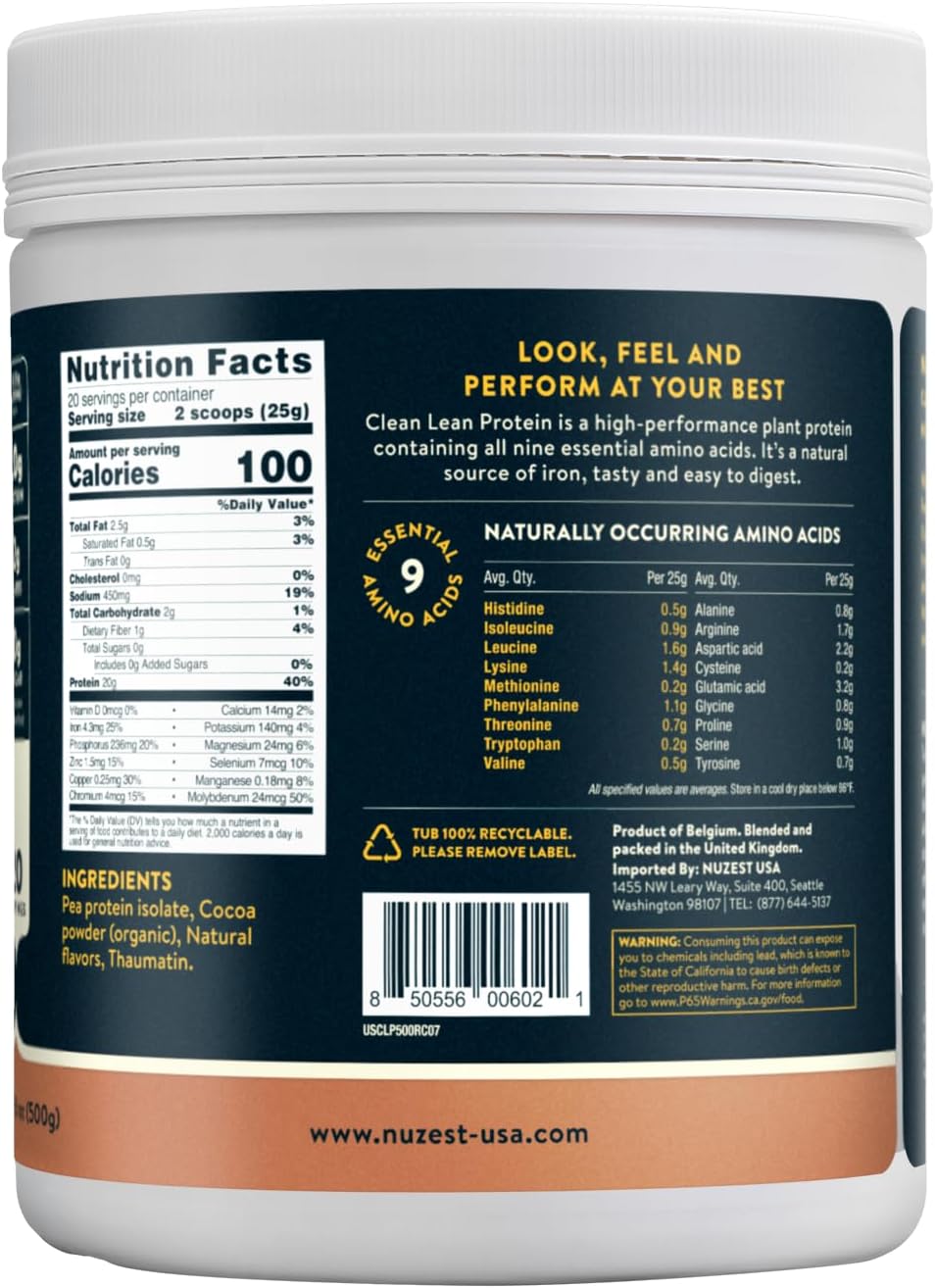 Nuzest - Pea Protein Powder - Clean Lean Protein, Premium Vegan Plant Based Protein Powder, Dairy Free, Gluten Free, GMO Free, Protein Shake, Rich Chocolate, 20 Servings, 1.1 lb