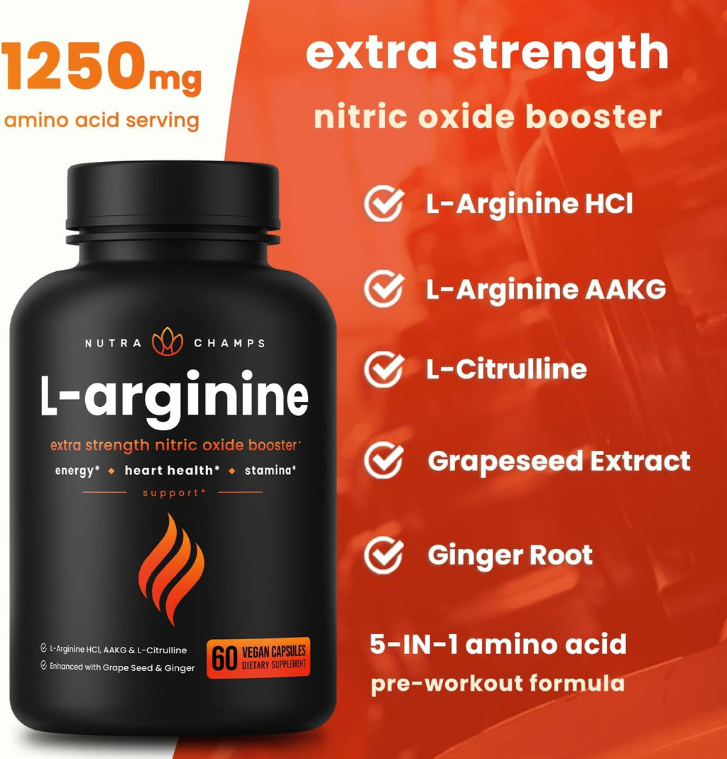 NutraChamps Premium L Arginine Supplement, 5-in-1 Nitric Oxide Supplement, L-Arginine Powder & L Citrulline Enhanced with Grape Seed & Ginger, Energy, Blood Flow, 60 Vegan Capsules