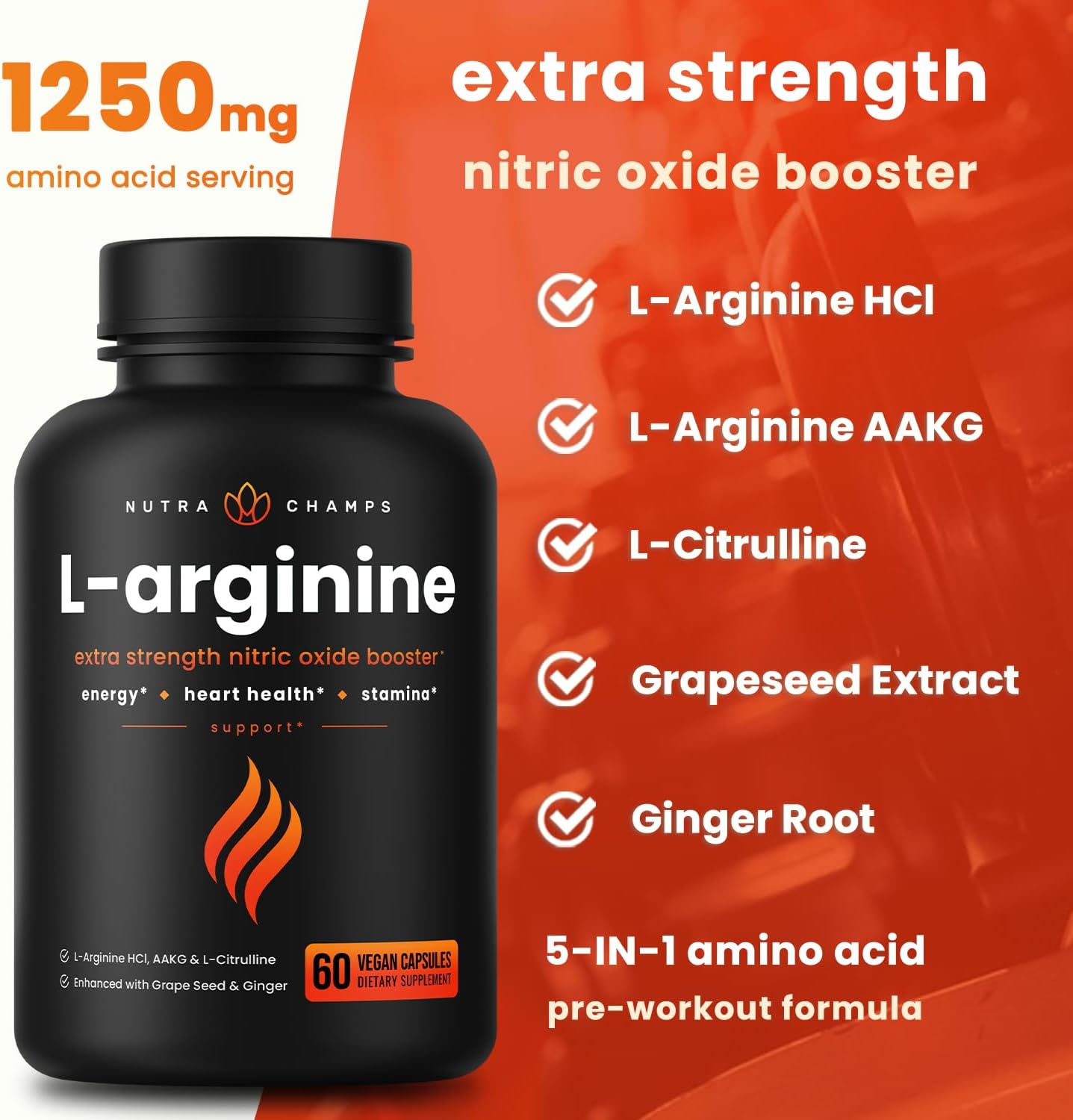 NutraChamps Premium L Arginine Supplement, 5-in-1 Nitric Oxide Supplement, L-Arginine Powder & L Citrulline Enhanced with Grape Seed & Ginger, Energy, Blood Flow, 60 Vegan Capsules
