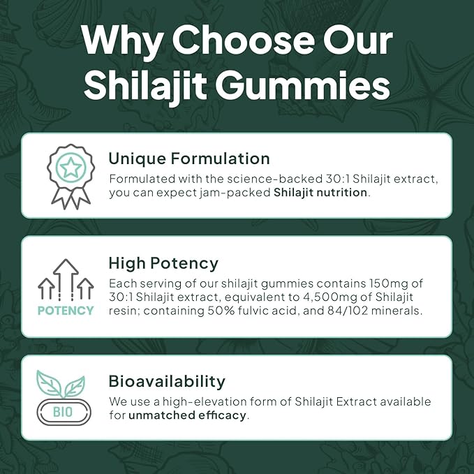 Organics Ocean Shilajit for Men and Women - Natural Supplement with Vitamin B12, Chromium and Selenium for Age-Defying, Energy, Hormone Support and More - 60 Shilajit Gummies