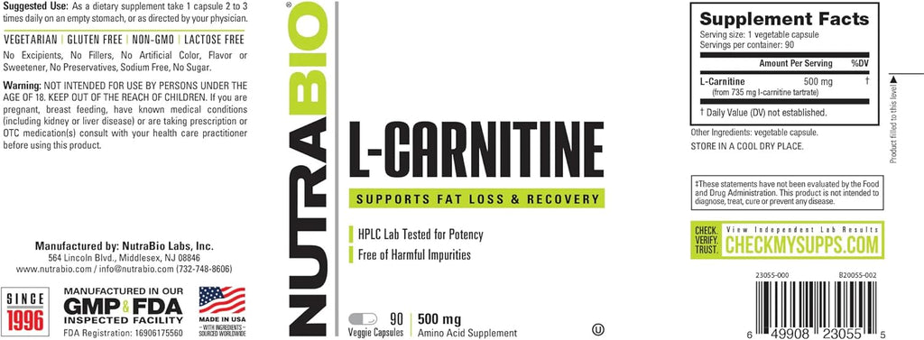 NutraBio L-Carnitine Capsules – Fat Burner for Energy, Endurance & Recovery – Boost Fat Metabolism, Support Weight Loss & Workout Performance – Amino Acid Supplement- 500mg, 90 Capsules