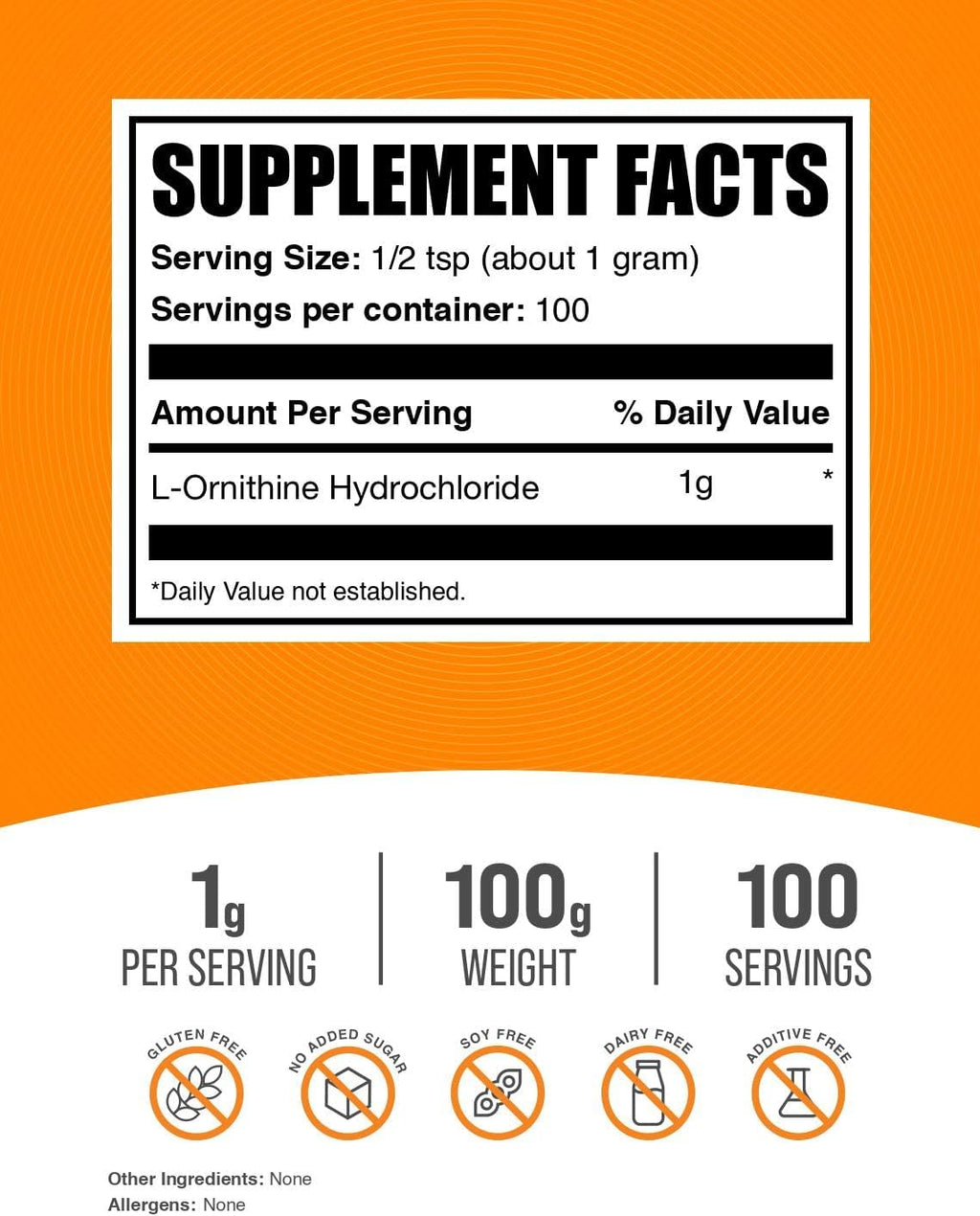 BulkSupplements.com L-Ornithine HCl Powder - Ornithine Supplement, Amino Acids Supplement - Gluten Free, 1g per Serving, 100g (3.5 oz) (Pack of 1)