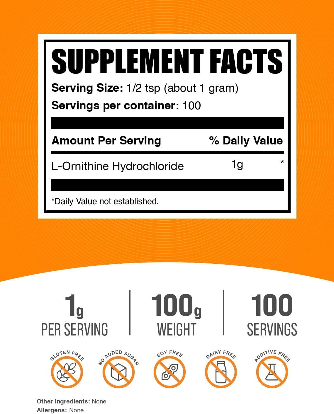 BulkSupplements.com L-Ornithine HCl Powder - Ornithine Supplement, Amino Acids Supplement - Gluten Free, 1g per Serving, 100g (3.5 oz) (Pack of 1)