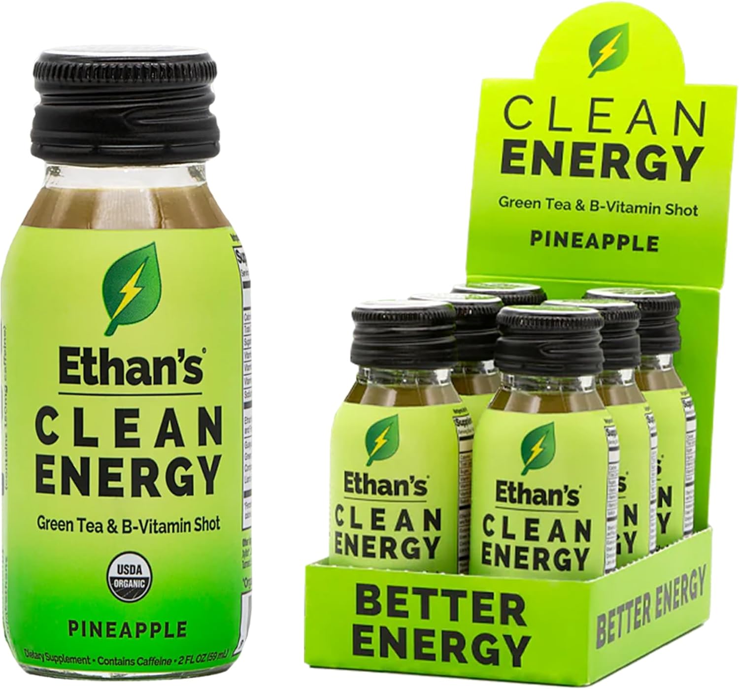 Ethan's Organic Clean Energy Shots Pineapple, Sugar Free Natural Pre-Workout Focus Boost, Gluten Free, Vegan, B6 & B12 Vitamin C with Green Tea Extract and Guayusa (6 Pack of 2oz Shots)
