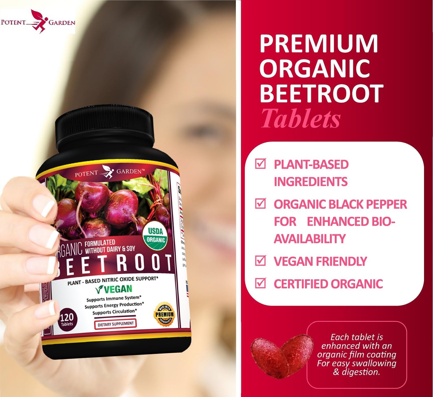 Potent Garden Organic Beet Root Powder (120 Tablets) 1350mg Beets Per Serving with Black Pepper for Extra Absorption - Super Antioxidant and Nitrate Supplement for Athletic Performance and Stamina