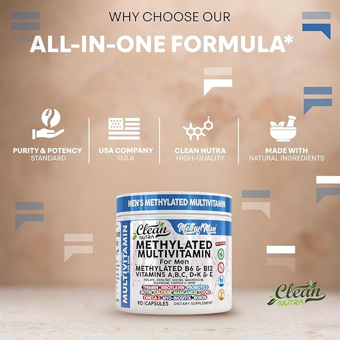 Methylated Multivitamin for Men with Vitamin B12 B6 Choline Magnesium Selenium CoQ10 Iodine Manganese Iron Boron Copper Thiamin Riboflavin Biotin Probiotics Omega 3 | Vegetarian Capsules Mens Vitamins