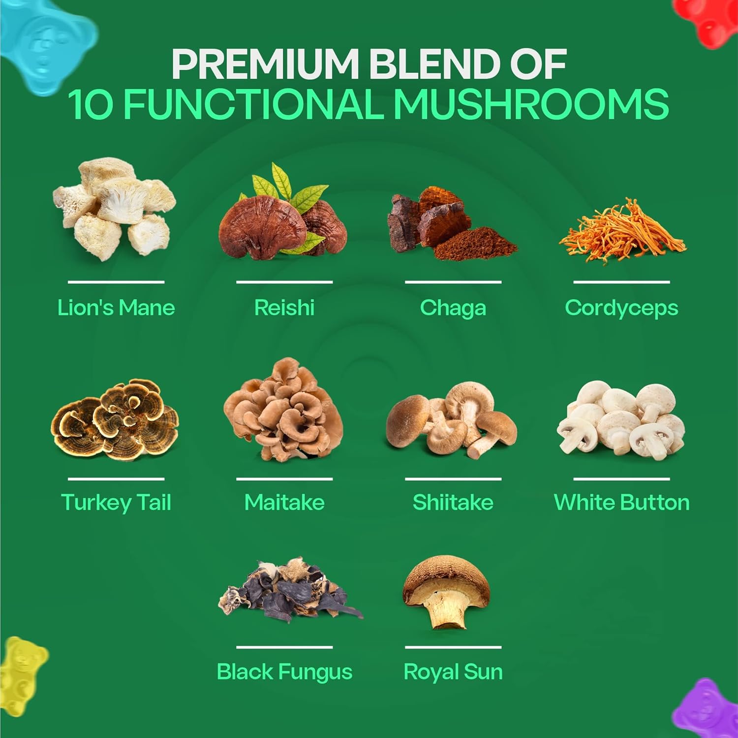 BIO VITALICA Mushroom Gummies – 10 Mushroom Complex with Lion’s Mane, Reishi, Chaga, Cordyceps & More – Fruity Vegan Gummies – Non-GMO, Gluten-Free, Plant-Based – 6 Packs