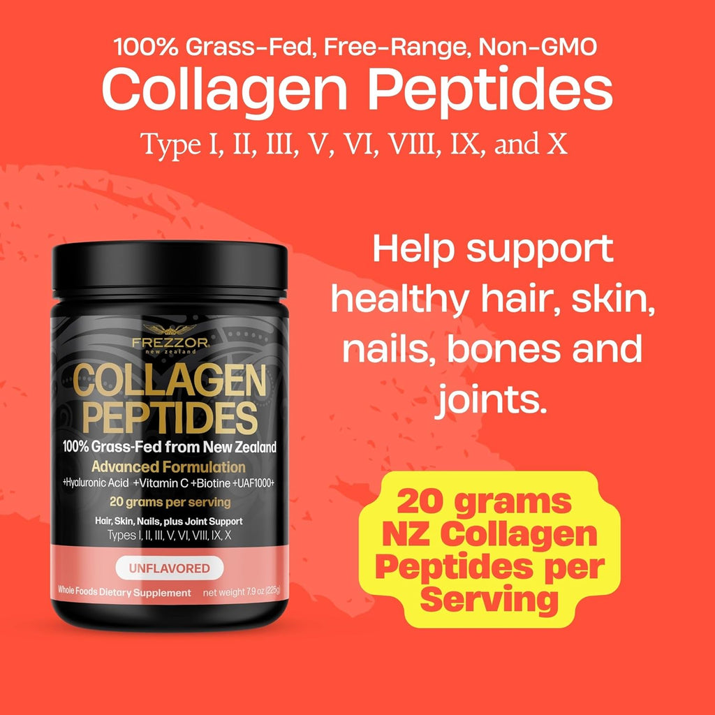 FREZZOR Collagen Peptides Powder, Fine Lines & Wrinkles, Hair & Nails, Supports Youthful Flexibility & Mobility, 100% New Zealand Hydrolyzed Beef Bone Collagen, Unflavored 450g 2 Jars