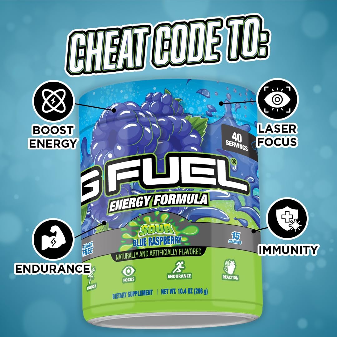 G Fuel Chug Rug Energy Drink Powder, Pre Workout Caffeine Mix for Gaming, Sugar Free Focus Amino, Vitamin + Antioxidants, 10.44oz (Sour Blue Raspberry, 40 Servings)