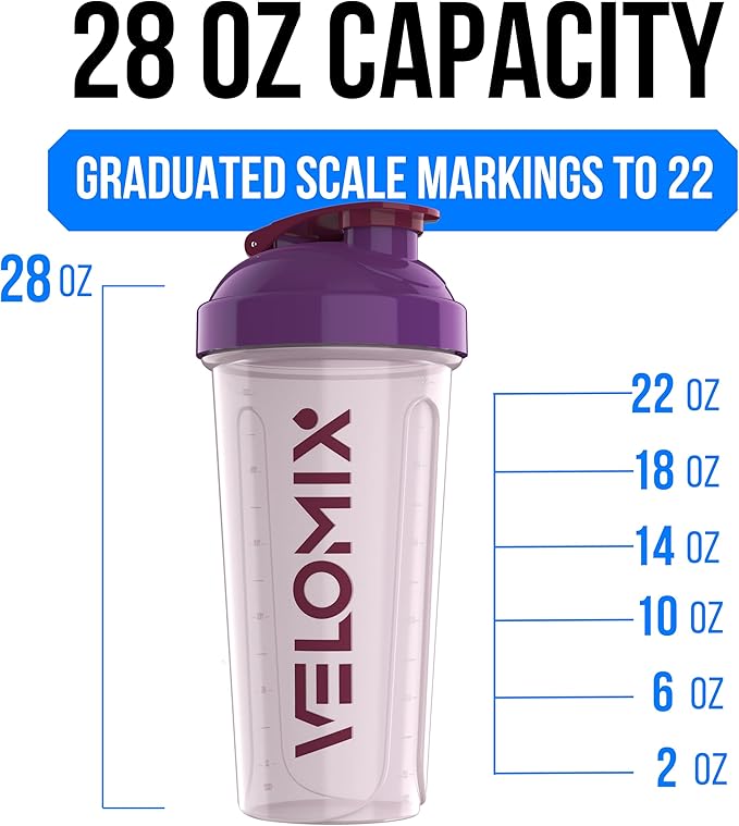 VELOMIX -2 Pack- 28 oz Protein Shaker Bottles for Protein Mixes - 2x Wire Whisk | Leak Proof Shaker Cups for Protein Shakes | Protein Shaker Bottle Pack (Purple Mix)