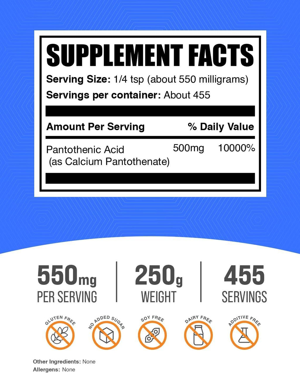 BulkSupplements.com Vitamin B5 Powder - as Calcium Pantothenate, B5 Vitamins - Gluten Free, 500mg of Vitamin B5 Pantothenic Acid per Serving, 250g (8.8 oz) (Pack of 1)