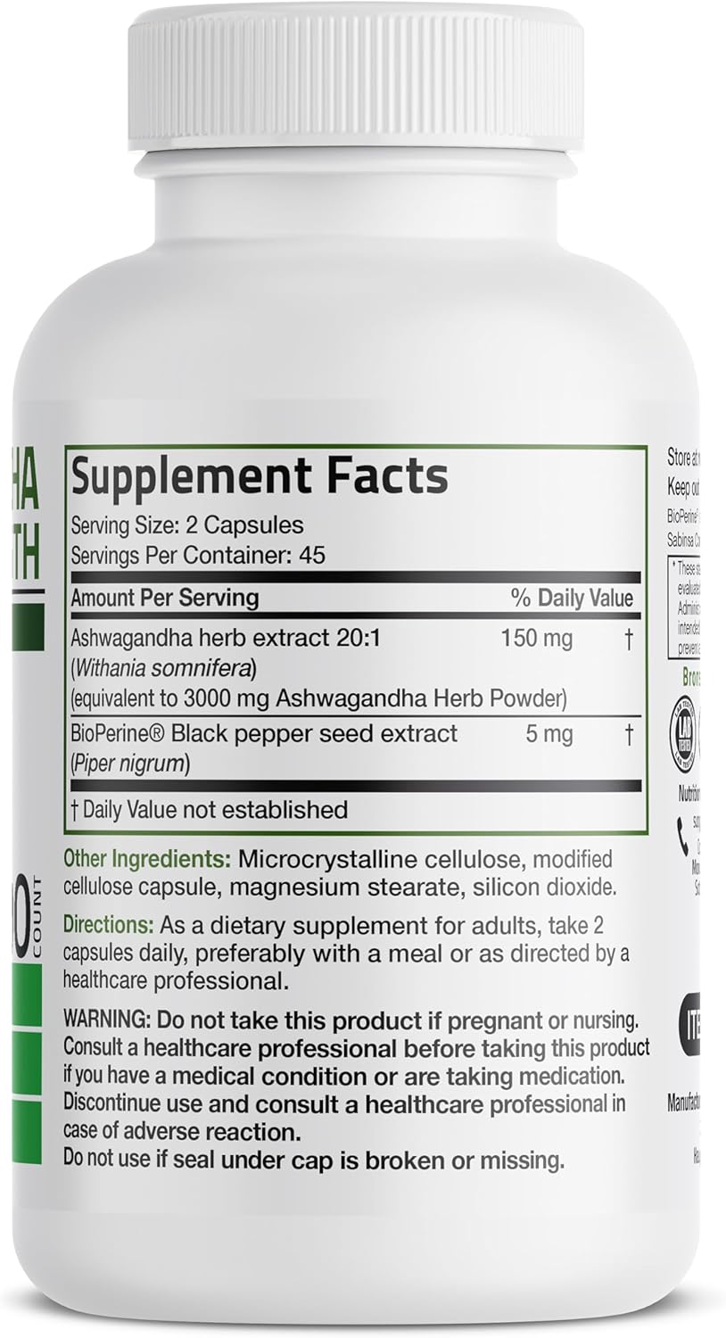 Bronson Ashwagandha Extra Strength Stress & Mood Support with BioPerine - Non GMO Formula, 90 Vegetarian Capsules